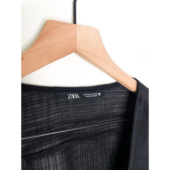 Zara Black Sheer Gauze Long Sleeve Tie Front Crop Top Small V Neck - Picture 9 of 9